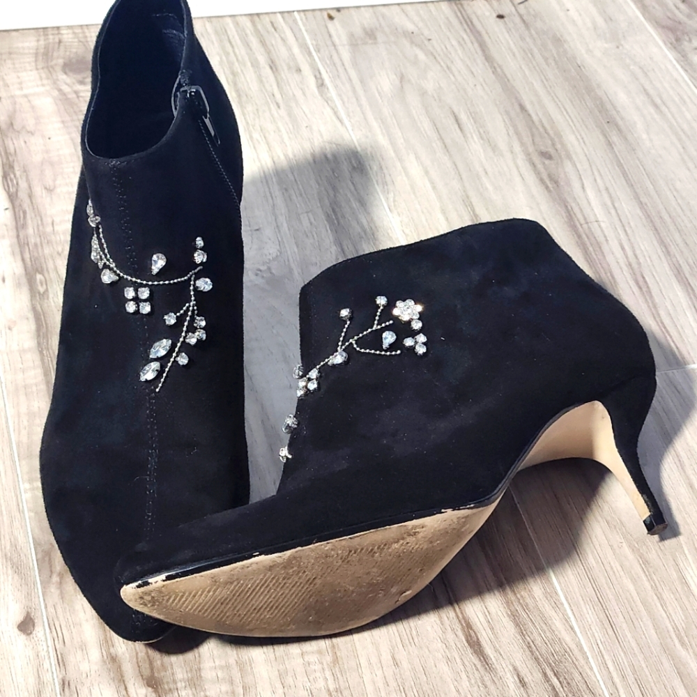 Women's Nanette Lepore Black Suede Rhinestone Ankle Boots - 6 1/2